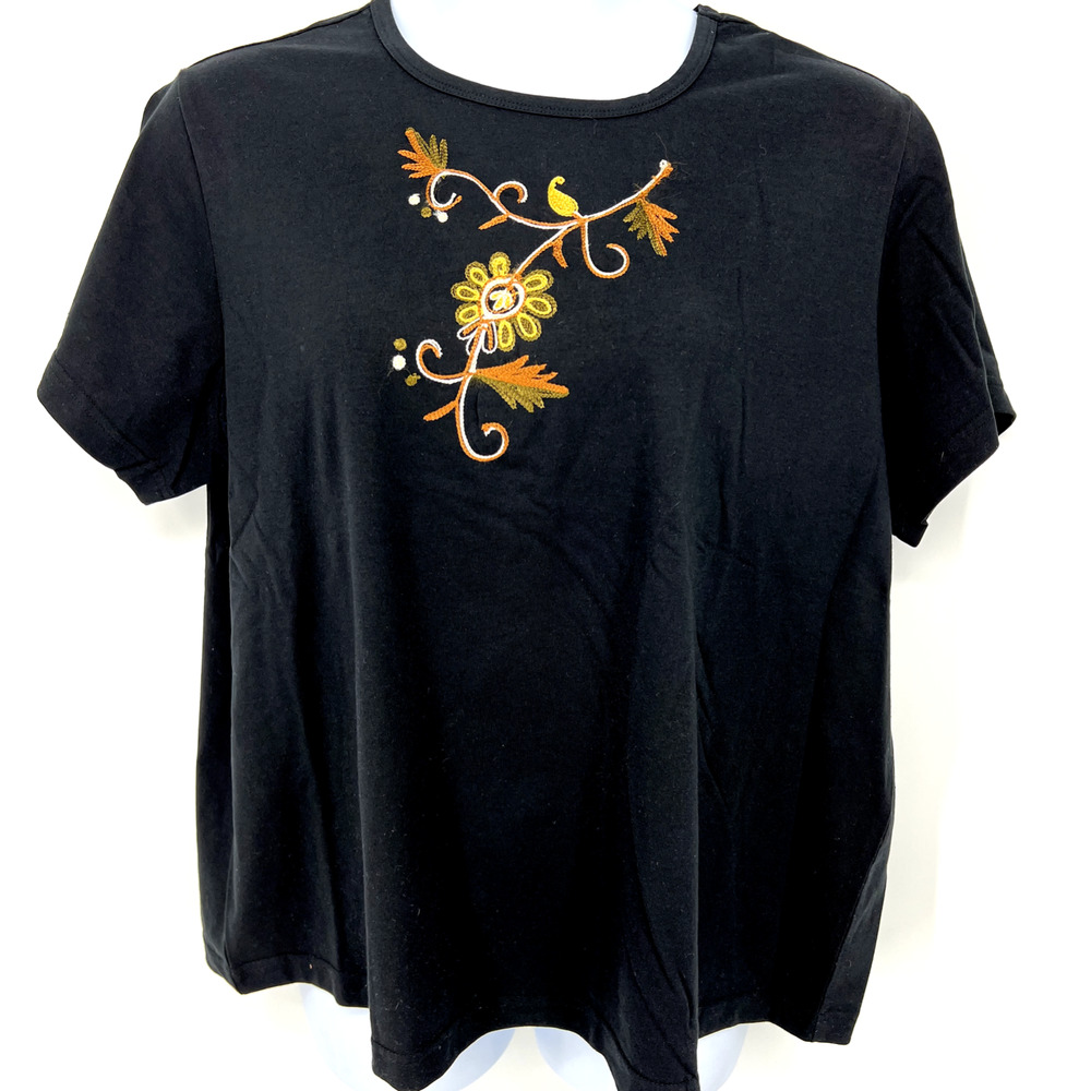 Indigo Moon Black 2X T Shirt Embroidered Flower Leaf Floral Design NEW